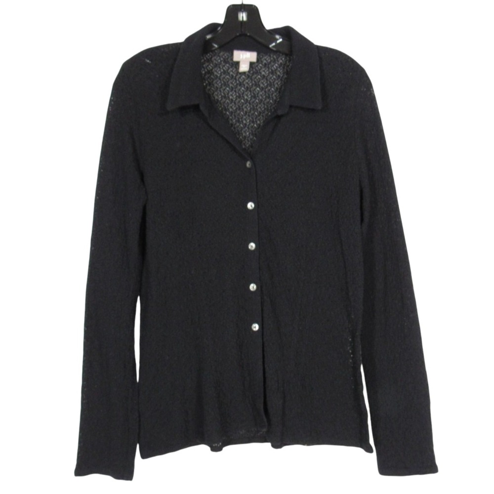 J. JILL STRETCH Semi-Sheer Black TEXTURED KNIT Button-Up FITTED BLOUSE TOP M